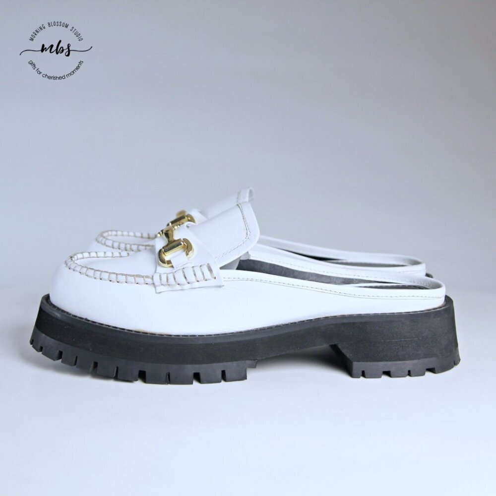 Nasty Gal Leather Chunky Backless Loafers White Gold Women UK 8 EU‎ 41 US 10 - Picture 5 of 15